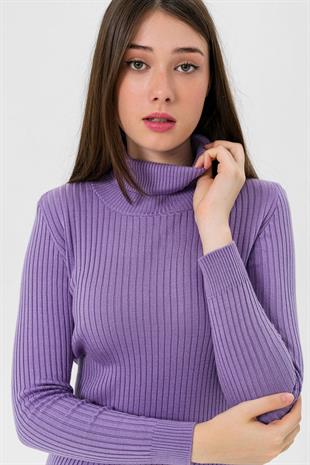 Balıkçı Yaka Fitilli Kadın Lila Triko Kazak