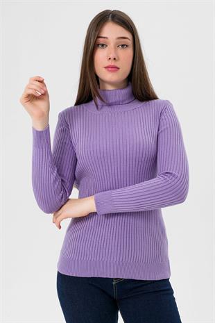 Balıkçı Yaka Fitilli Kadın Lila Triko Kazak