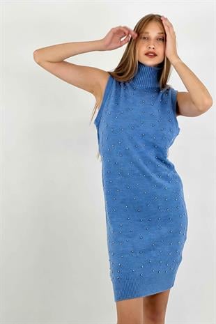 Balıkçı Yaka İnci İşlemeli Sıfır Kol Kadın Triko Elbise Mavi