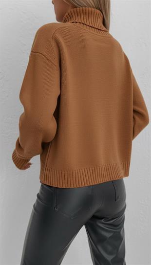Balıkçı Yaka Kalın Basic Kadın Camel Triko Kazak
