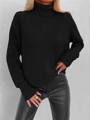 Balıkçı Yaka Kalın Basic Kadın Siyah Triko Kazak