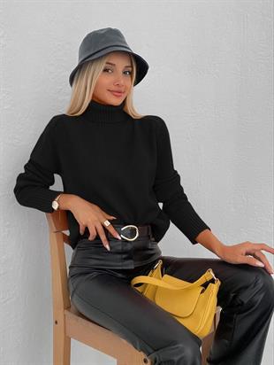 Balıkçı Yaka Kalın Basic Kadın Siyah Triko Kazak