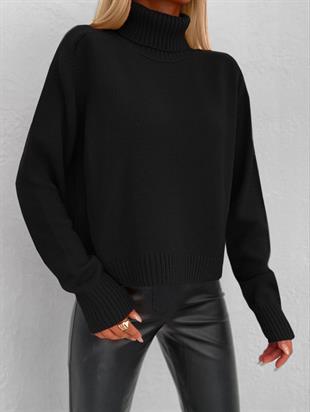 Balıkçı Yaka Kalın Basic Kadın Siyah Triko Kazak