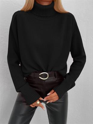 Balıkçı Yaka Kalın Basic Kadın Siyah Triko Kazak