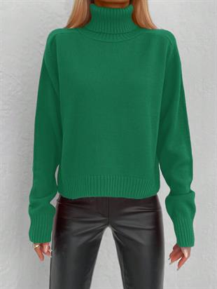 Balıkçı Yaka Kalın Basic Kadın Yeşil Triko Kazak