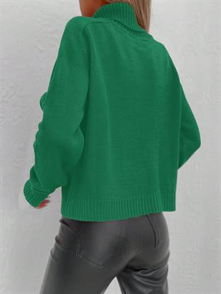 Balıkçı Yaka Kalın Basic Kadın Yeşil Triko Kazak