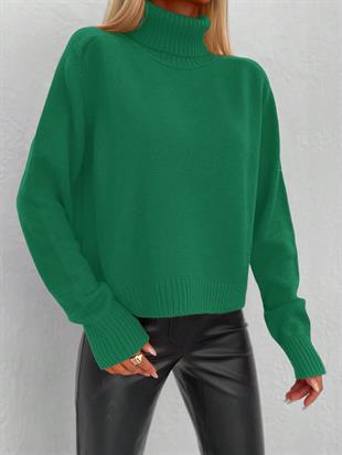 Balıkçı Yaka Kalın Basic Kadın Yeşil Triko Kazak