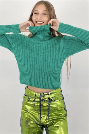 Kadın Boğazlı Crop Uzun Kollu Fitilli Kısa Yeşil Triko Kazak