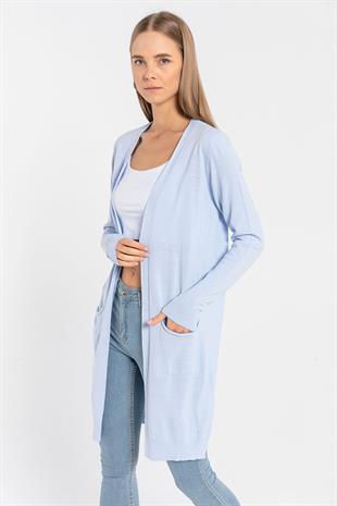 Bebe Mavi Cepli Kadın Basic Uzun Triko Hırka