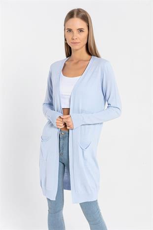 Bebe Mavi Cepli Kadın Basic Uzun Triko Hırka