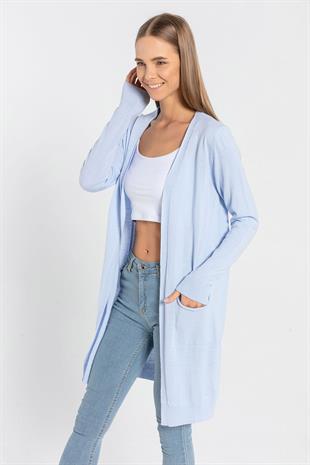 Bebe Mavi Cepli Kadın Basic Uzun Triko Hırka