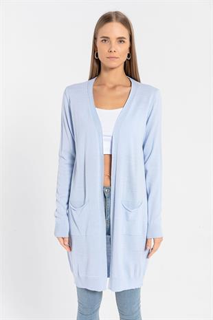 Bebe Mavi Cepli Kadın Basic Uzun Triko Hırka