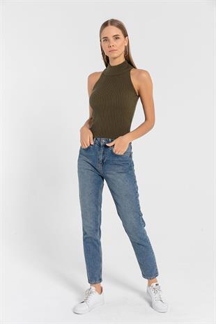 Kadın Kolsuz Slim Fit Boğazlı Fitilli Kısa Antrasit Triko Crop