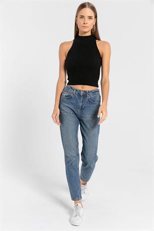 Kadın Kolsuz Slim Fit Boğazlı Fitilli Kısa Antrasit Triko Crop