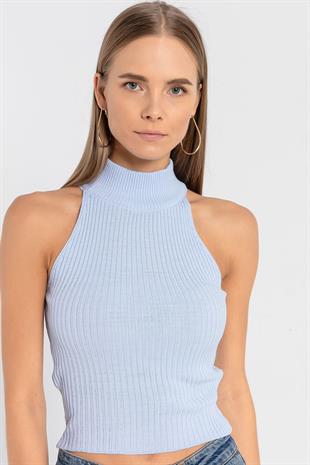 Kadın Kolsuz Slim Fit Boğazlı Fitilli Kısa Antrasit Triko Crop