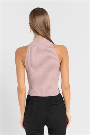 Kadın Kolsuz Slim Fit Boğazlı Fitilli Kısa Antrasit Triko Crop