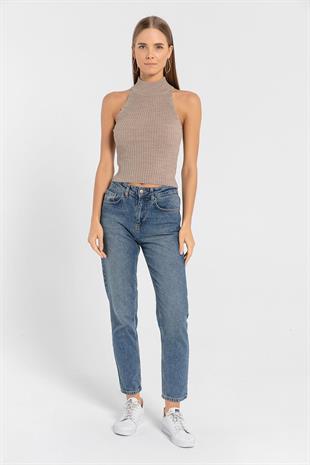 Kadın Kolsuz Slim Fit Boğazlı Fitilli Kısa Antrasit Triko Crop