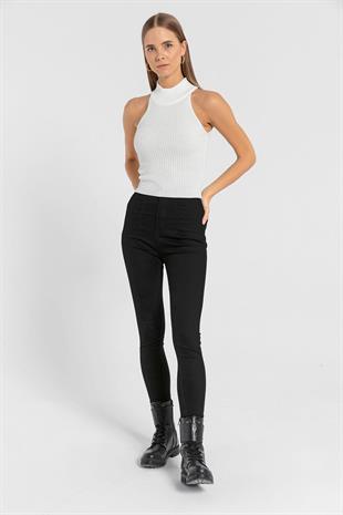 Kadın Kolsuz Slim Fit Boğazlı Fitilli Kısa Antrasit Triko Crop