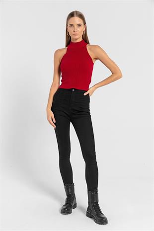 Kadın Kolsuz Slim Fit Boğazlı Fitilli Kısa Antrasit Triko Crop
