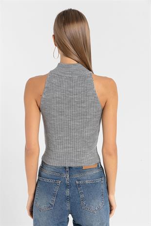 Kadın Kolsuz Slim Fit Boğazlı Fitilli Kısa Antrasit Triko Crop
