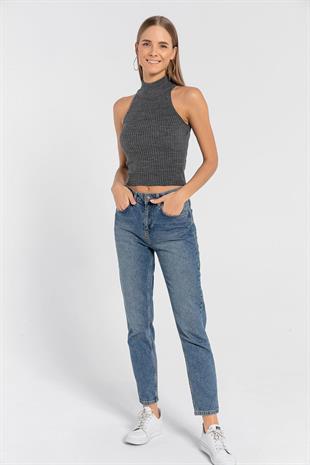 Kadın Kolsuz Slim Fit Boğazlı Fitilli Kısa Antrasit Triko Crop
