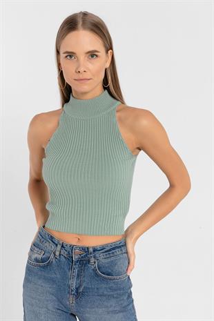 Kadın Kolsuz Slim Fit Boğazlı Fitilli Kısa Antrasit Triko Crop