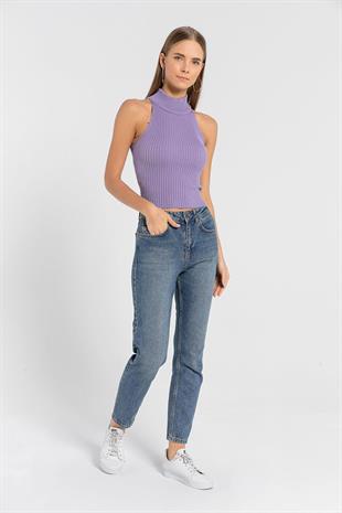 Kadın Kolsuz Slim Fit Boğazlı Fitilli Kısa Antrasit Triko Crop