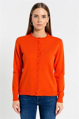 Bisiklet Yaka Düğmeli Kadın Turuncu Triko Hırka