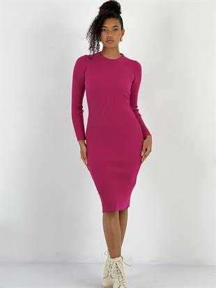 Bisiklet Yaka Fitilli Basic Kadın Fuşya Triko Elbise