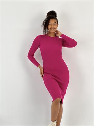 Bisiklet Yaka Fitilli Basic Kadın Fuşya Triko Elbise