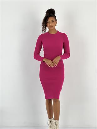 Bisiklet Yaka Fitilli Basic Kadın Fuşya Triko Elbise