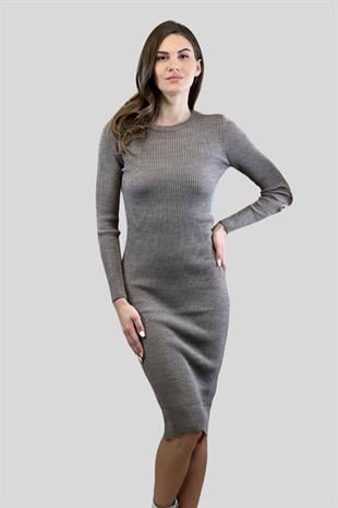 Bisiklet Yaka Fitilli Basic Kadın Triko Elbise