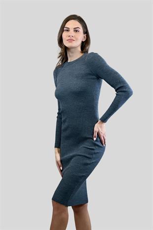 Bisiklet Yaka Fitilli Basic Kadın Triko Elbise