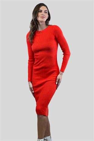 Bisiklet Yaka Fitilli Basic Kadın Triko Elbise