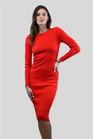 Bisiklet Yaka Fitilli Basic Kadın Triko Elbise