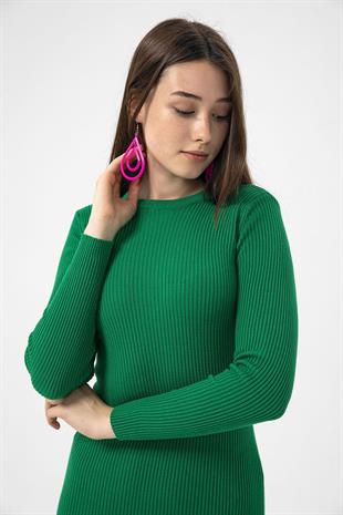 Bisiklet Yaka Fitilli Basic Kadın Yeşil Triko Elbise