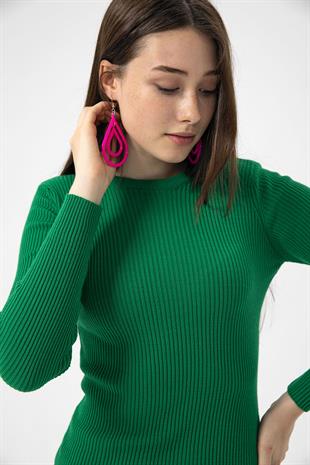 Bisiklet Yaka Fitilli Basic Kadın Yeşil Triko Elbise