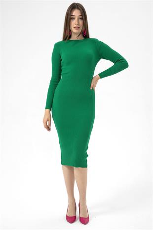 Bisiklet Yaka Fitilli Basic Kadın Yeşil Triko Elbise