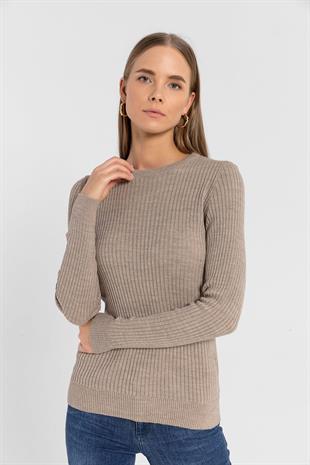 Bisiklet Yaka Fitilli Kadın Basic Triko Kazak