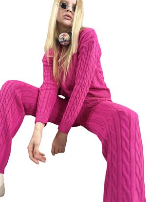 Bisiklet Yaka Saç Örgü Kalın Kışlık Kadın Fuşya Triko İkili Takım