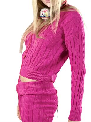 Bisiklet Yaka Saç Örgü Kalın Kışlık Kadın Fuşya Triko İkili Takım