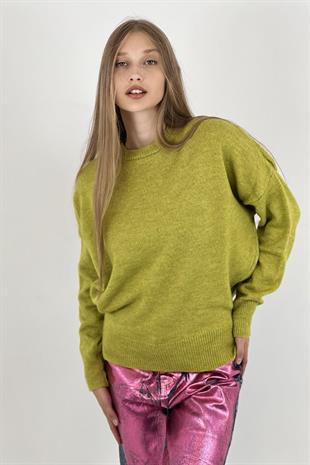 Kadın Oversize Bisiklet Yaka Uzun İnce Yeşil Triko Kazak