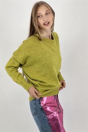 Kadın Oversize Bisiklet Yaka Uzun İnce Yeşil Triko Kazak