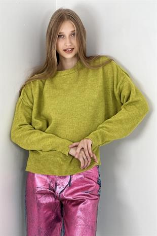 Kadın Oversize Bisiklet Yaka Uzun İnce Yeşil Triko Kazak