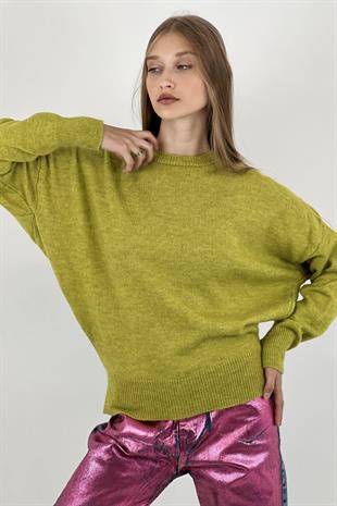 Kadın Oversize Bisiklet Yaka Uzun İnce Yeşil Triko Kazak