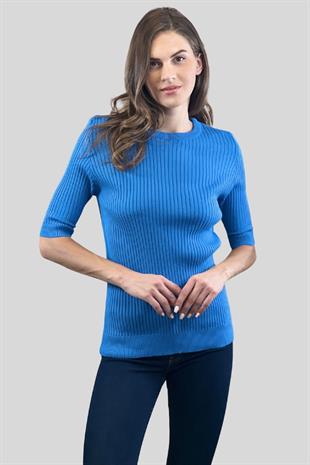 Bisiklet Yaka Yarım Kol Fitilli Kadın Basic Triko Kazak