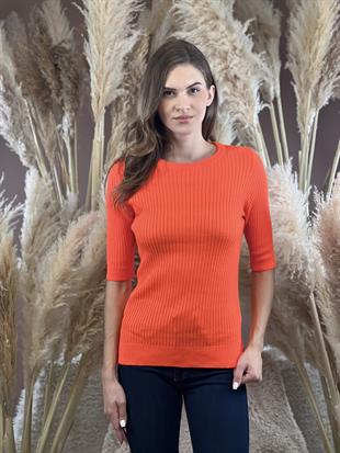 Bisiklet Yaka Yarım Kol Fitilli Kadın Basic Oranj Triko Kazak