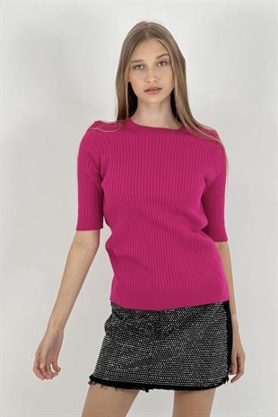 Bisiklet Yaka Yarım Kol Fitilli Kadın Basic Triko Kazak