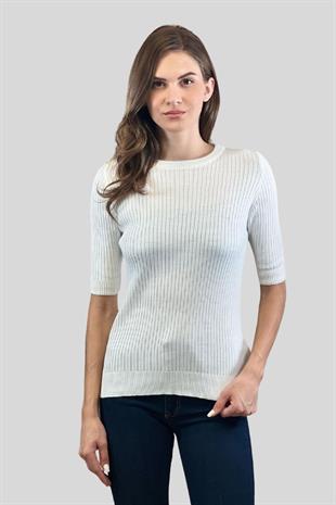Bisiklet Yaka Yarım Kol Fitilli Kadın Basic Triko Kazak