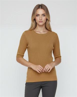 Bisiklet Yaka Yarım Kol Fitilli Kadın Basic Camel Triko Kazak